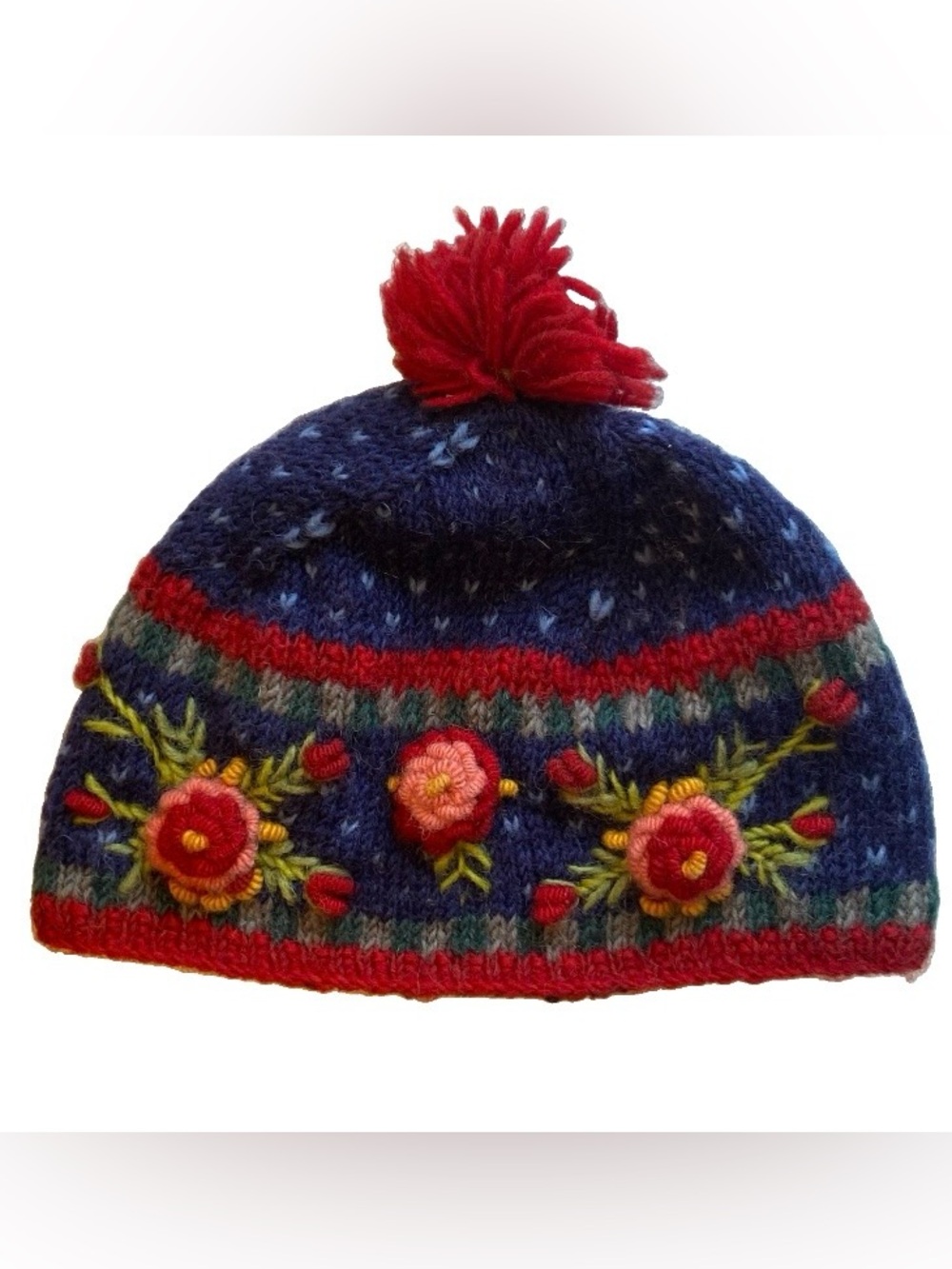 Lost Horizons Wool Hand Knit Beanie Hat Fleece Lined Flowers Toque Winter Ski